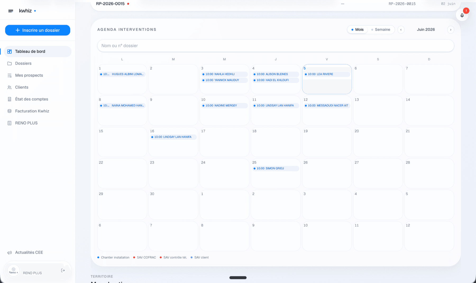 Agenda d'un installateur dans le portail Kwhiz : chantiers planifiés