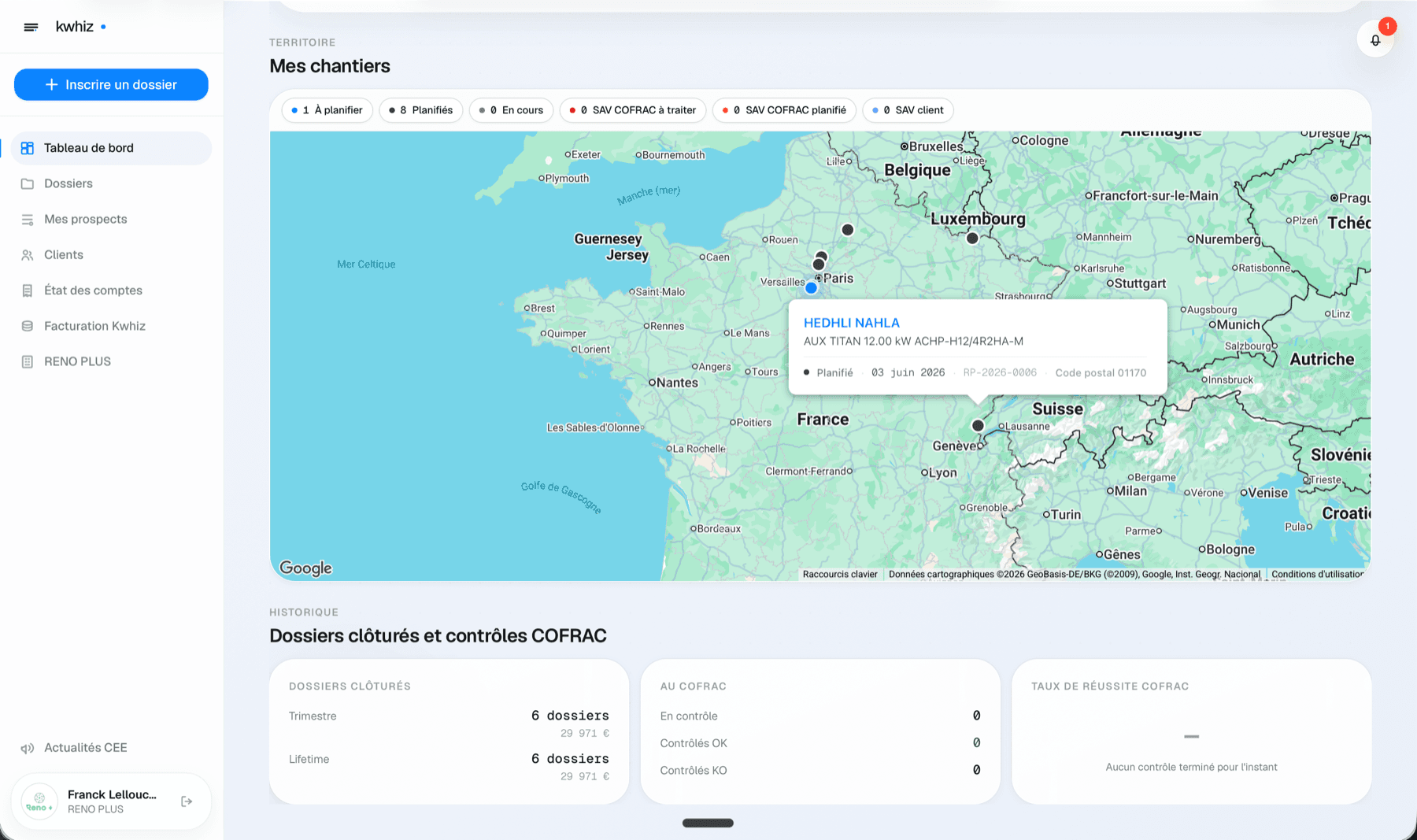 Carte des chantiers d'un installateur dans le portail Kwhiz